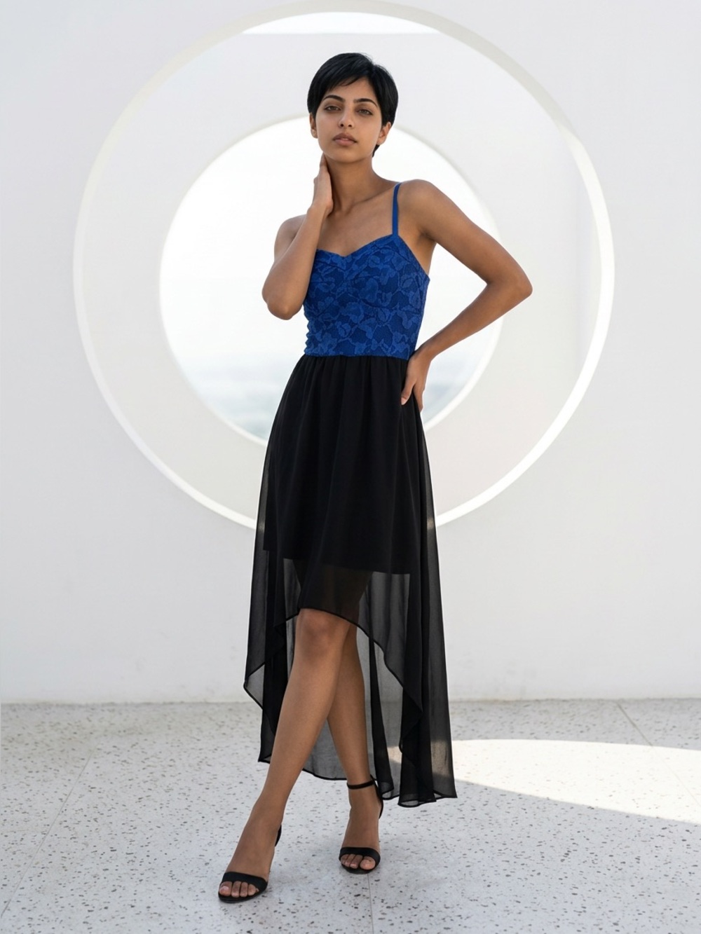 As U Wish Blue & Black High Low Simi Formal Dress w/ Lace upper & sheer skirt